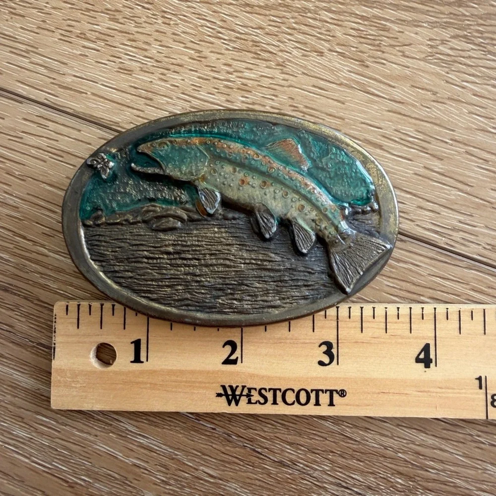 Vintage 1981 Chad Mfg Corp Brown Trout Brass Belt Buckle Fishing Teal Buckle